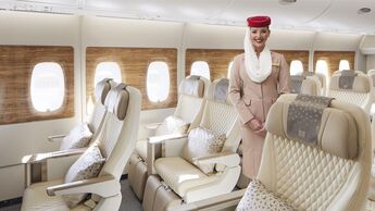 Airbus A380 von Emirates mit der neu gestalteten Premoum-Economy-Class.