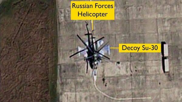 Satellitenbild mit auf aufgemalter Su-27 gelandeter Kamow Ka-52